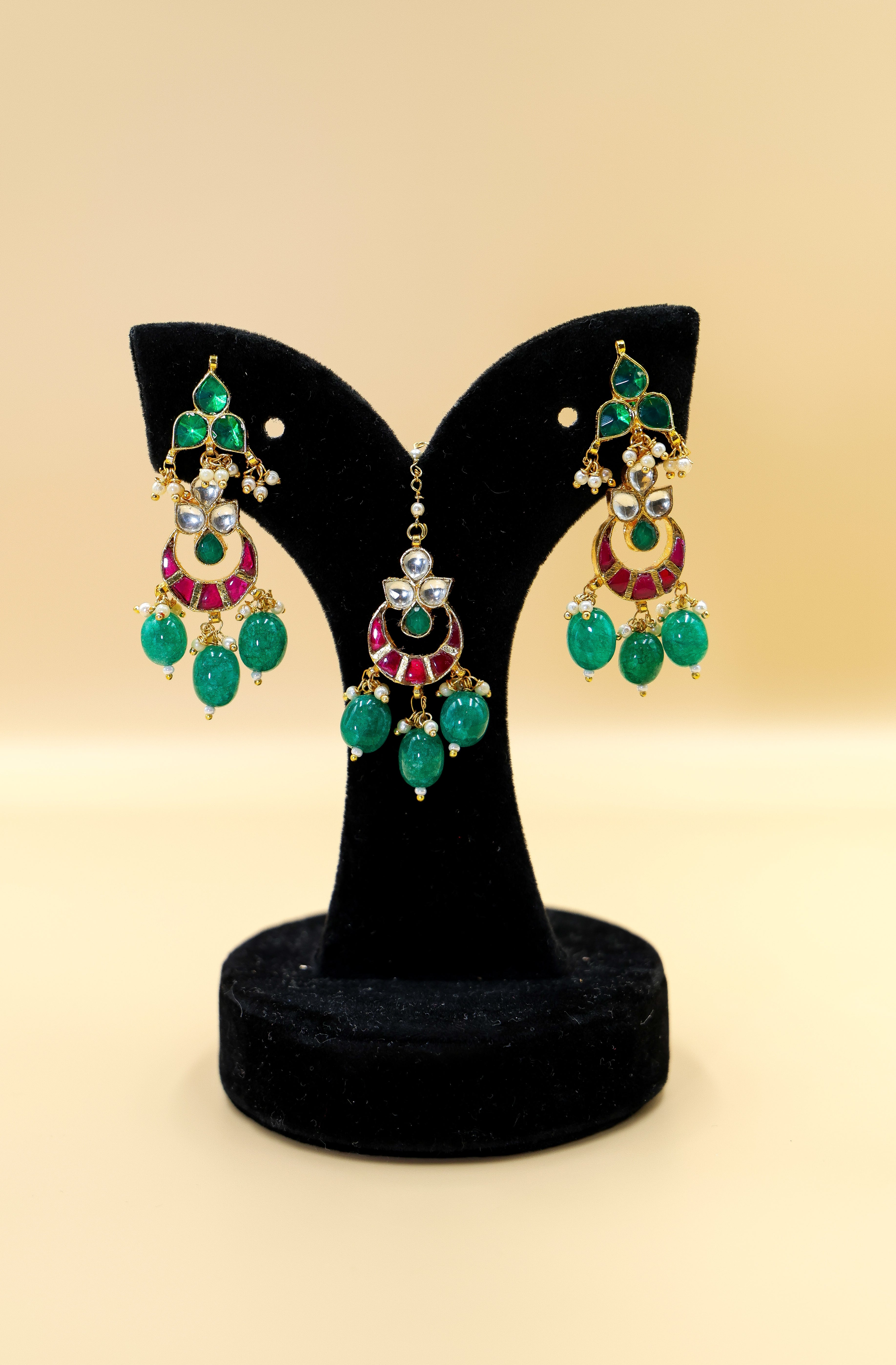 Red and Green Earrings and Tikka Set