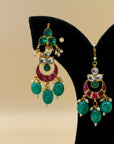 Red and Green Earrings and Tikka Set